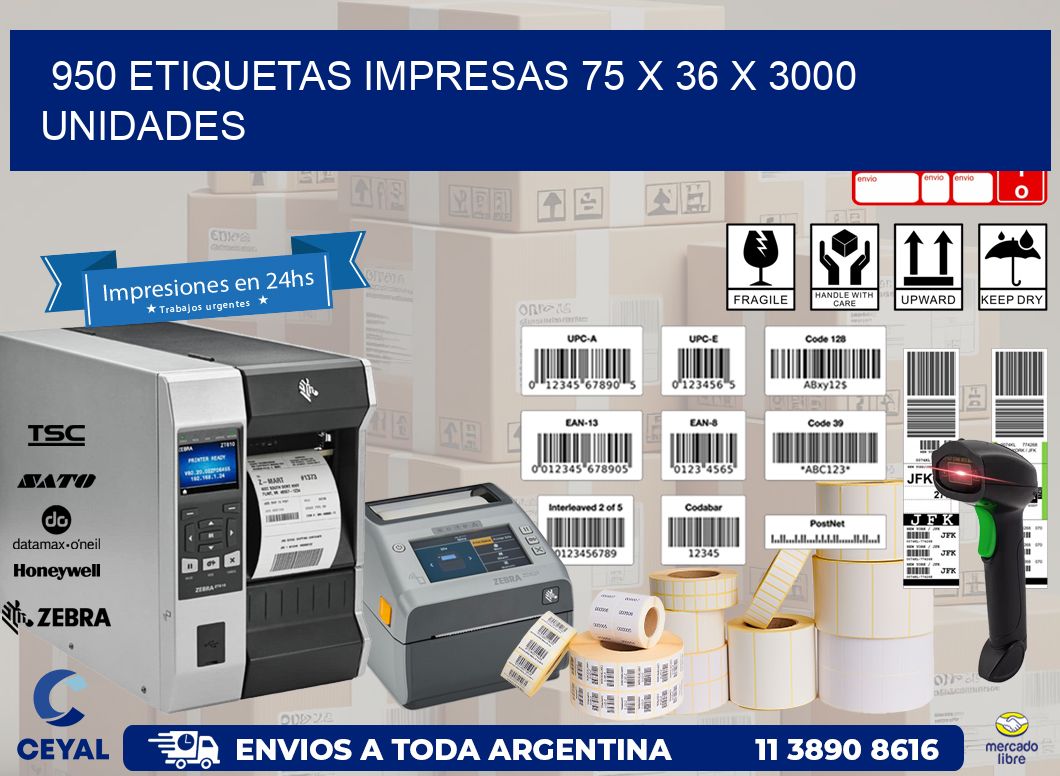 950 ETIQUETAS IMPRESAS 75 x 36 X 3000 UNIDADES