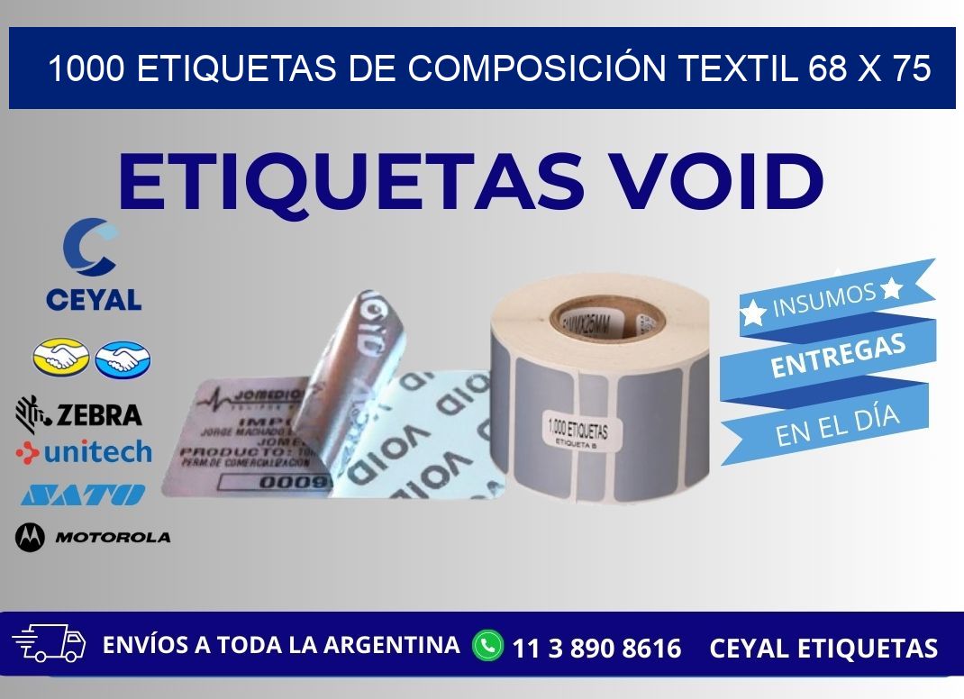 1000 ETIQUETAS DE COMPOSICIÓN TEXTIL 68 x 75