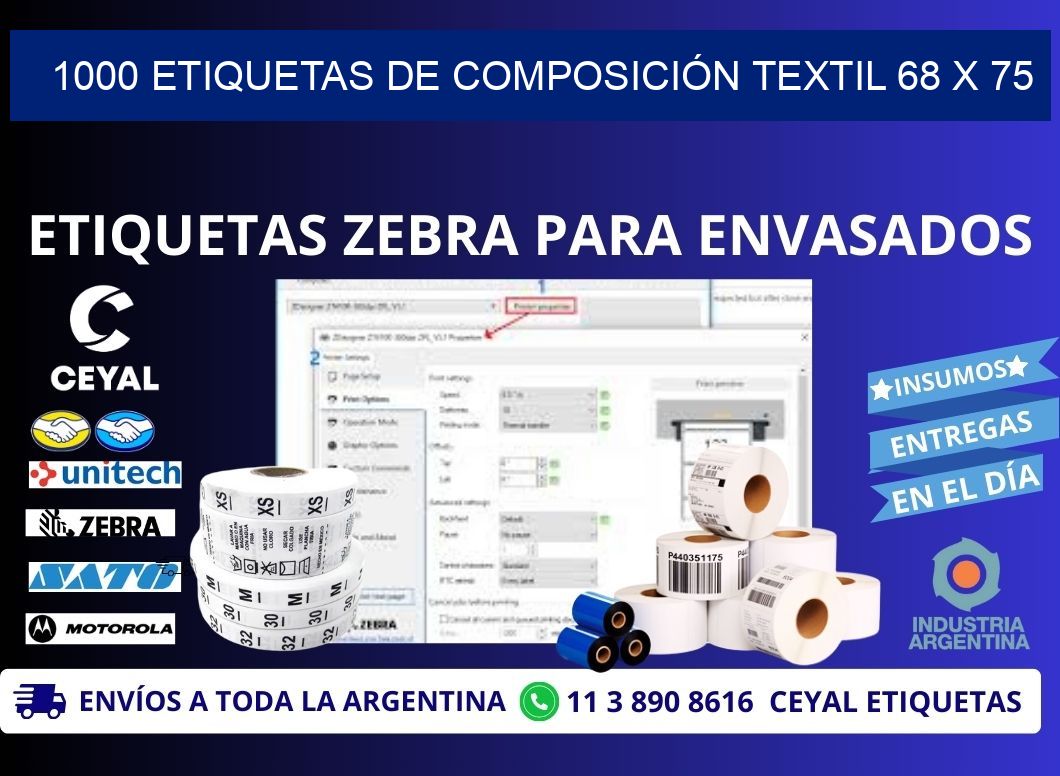 1000 ETIQUETAS DE COMPOSICIÓN TEXTIL 68 x 75