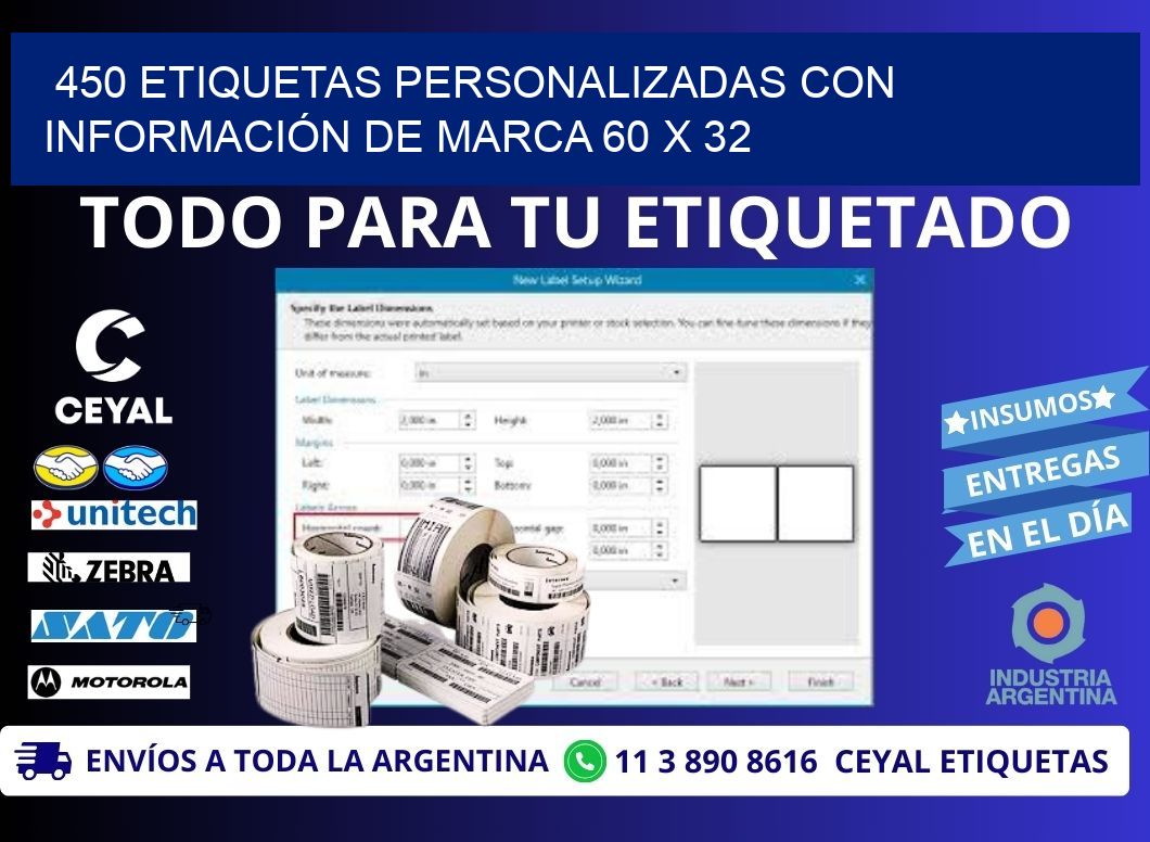 450 ETIQUETAS PERSONALIZADAS CON INFORMACIÓN DE MARCA 60 x 32