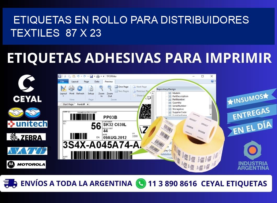 ETIQUETAS EN ROLLO PARA DISTRIBUIDORES TEXTILES  87 x 23