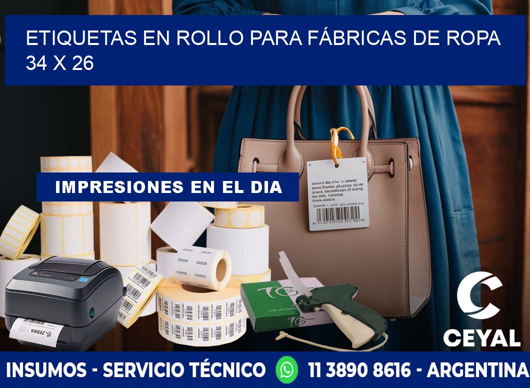ETIQUETAS EN ROLLO PARA FÁBRICAS DE ROPA  34 x 26