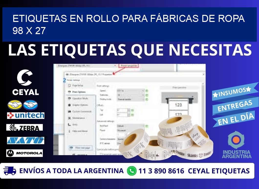 ETIQUETAS EN ROLLO PARA FÁBRICAS DE ROPA  98 x 27