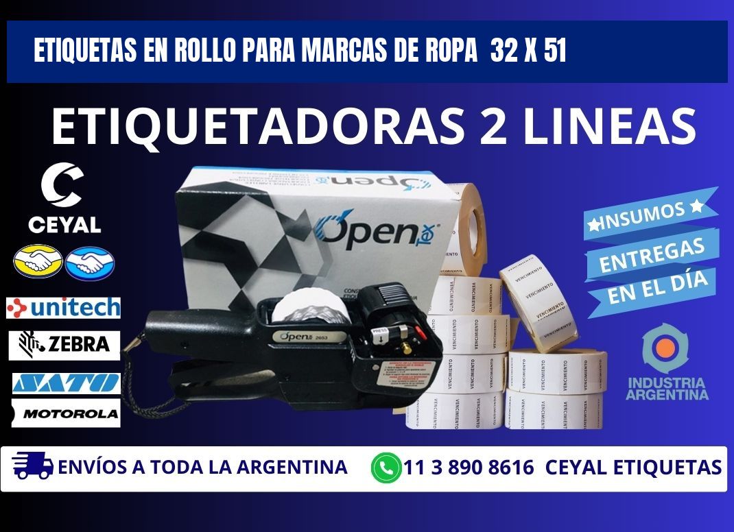 ETIQUETAS EN ROLLO PARA MARCAS DE ROPA  32 x 51