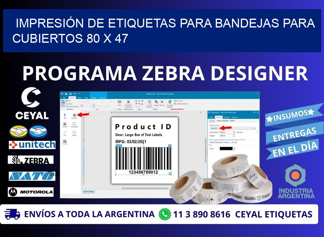 IMPRESIÓN DE ETIQUETAS PARA BANDEJAS PARA CUBIERTOS 80 x 47