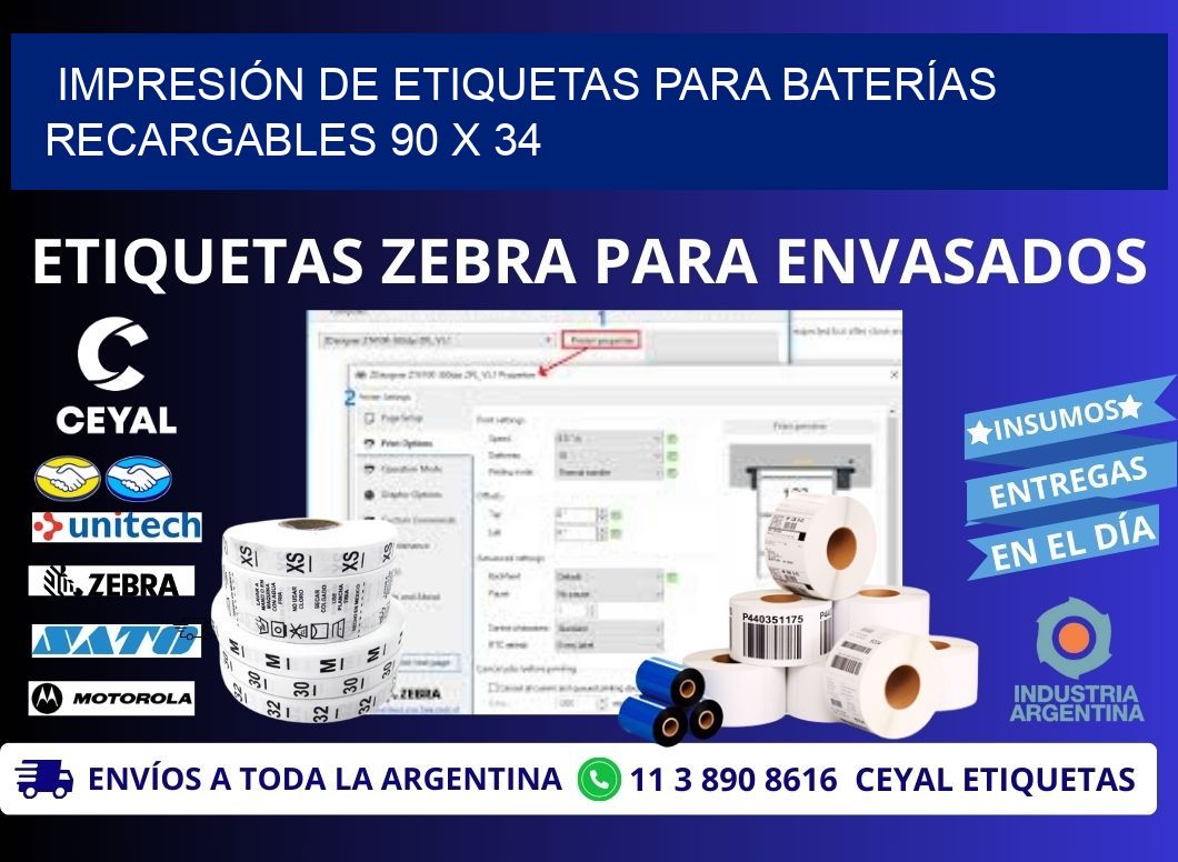 IMPRESIÓN DE ETIQUETAS PARA BATERÍAS RECARGABLES 90 x 34