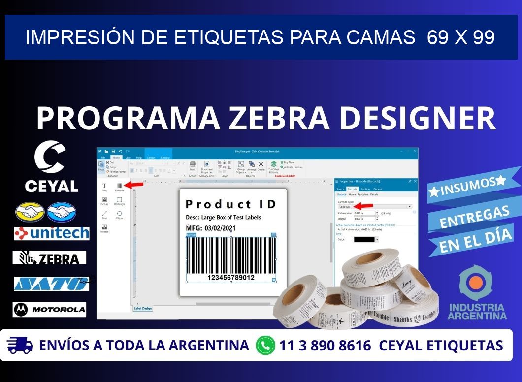IMPRESIÓN DE ETIQUETAS PARA CAMAS  69 x 99