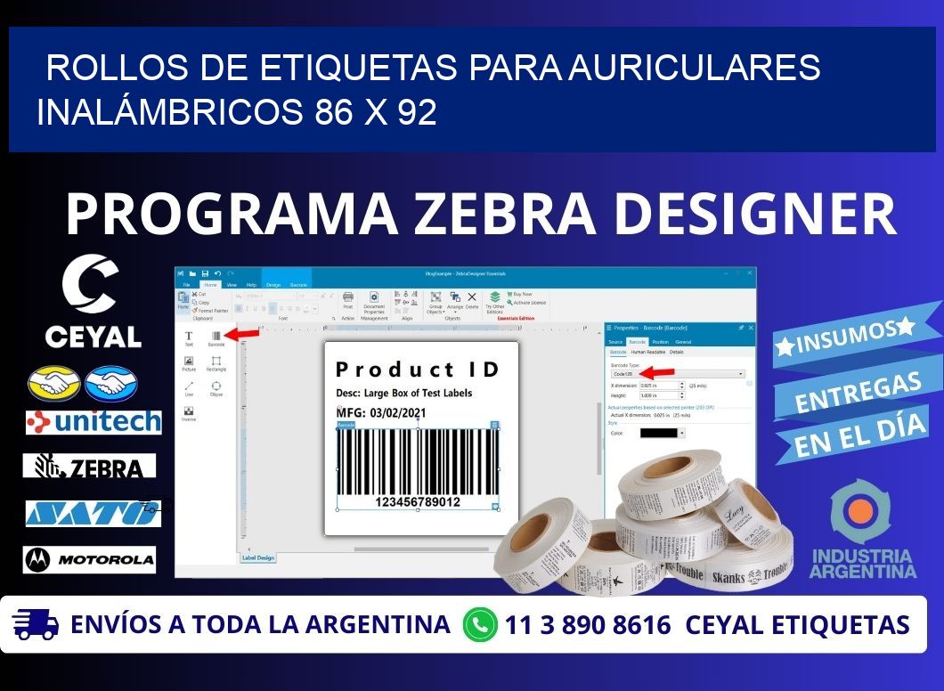 ROLLOS DE ETIQUETAS PARA AURICULARES INALÁMBRICOS 86 x 92