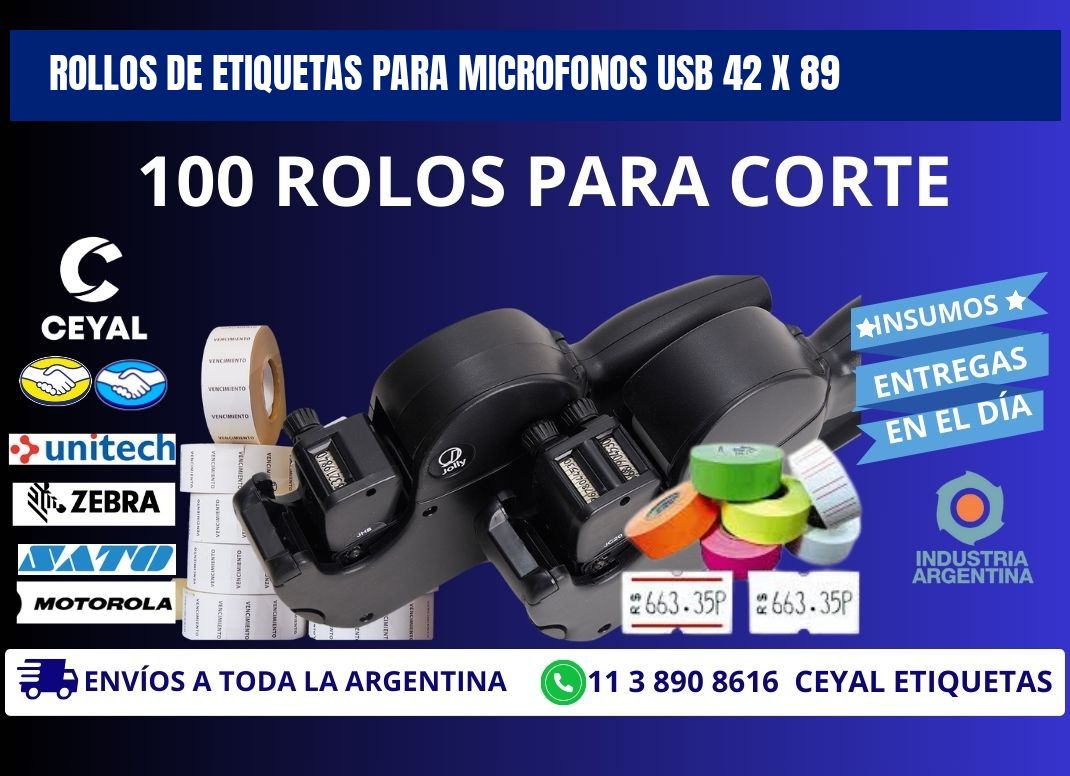 ROLLOS DE ETIQUETAS PARA MICROFONOS USB 42 x 89