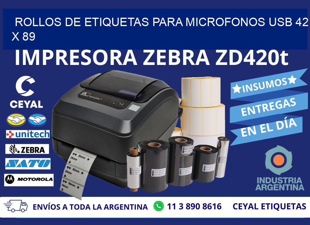 ROLLOS DE ETIQUETAS PARA MICROFONOS USB 42 x 89