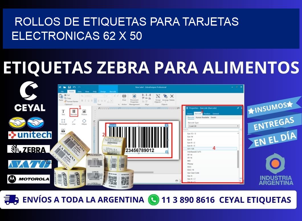 ROLLOS DE ETIQUETAS PARA TARJETAS ELECTRONICAS 62 x 50