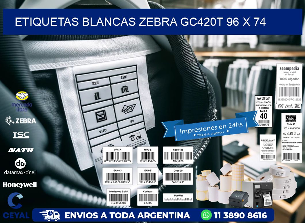 ETIQUETAS BLANCAS ZEBRA GC420T 96 x 74