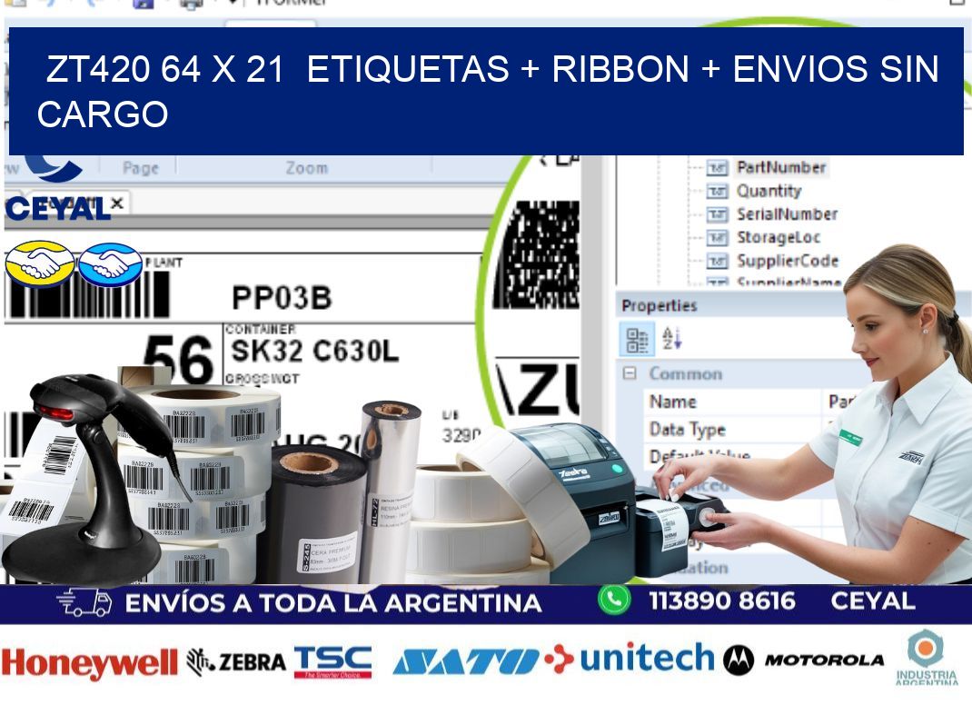 ZT420 64 x 21  etiquetas + ribbon + envios sin cargo