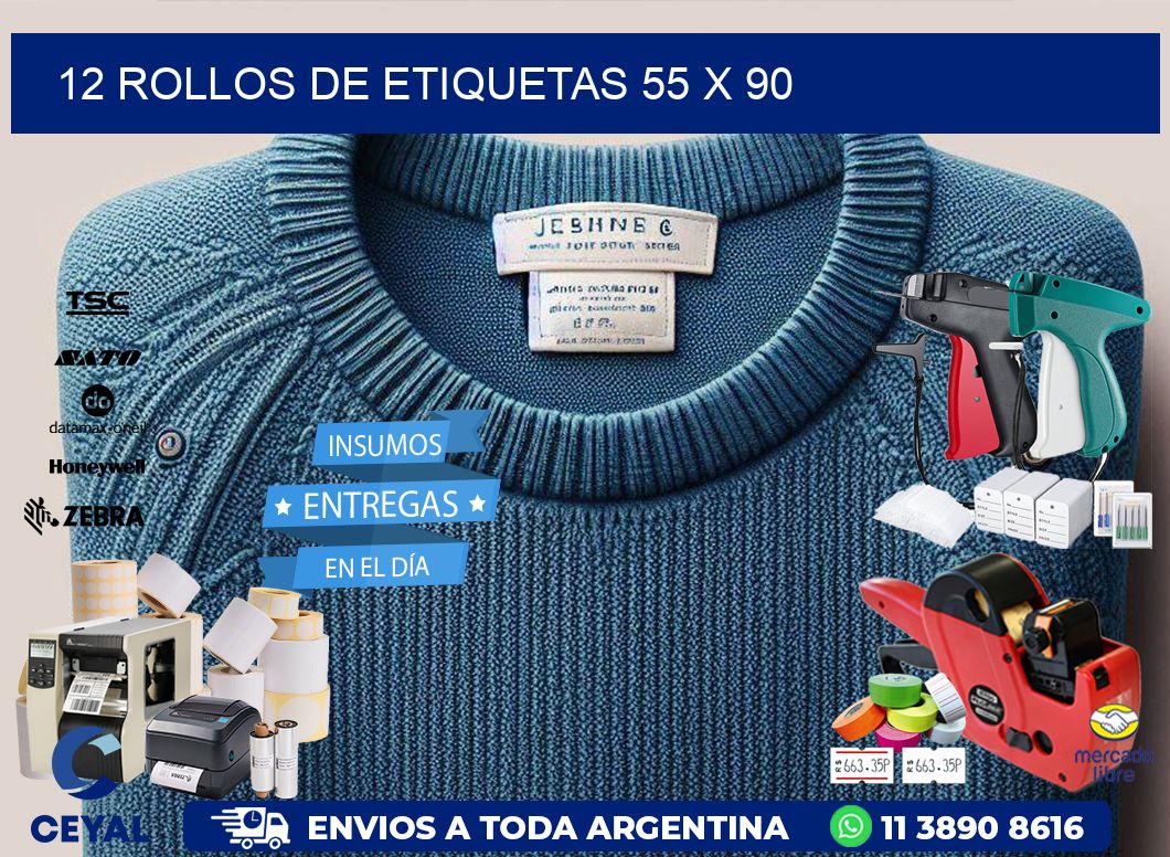 12 ROLLOS DE ETIQUETAS 55 x 90