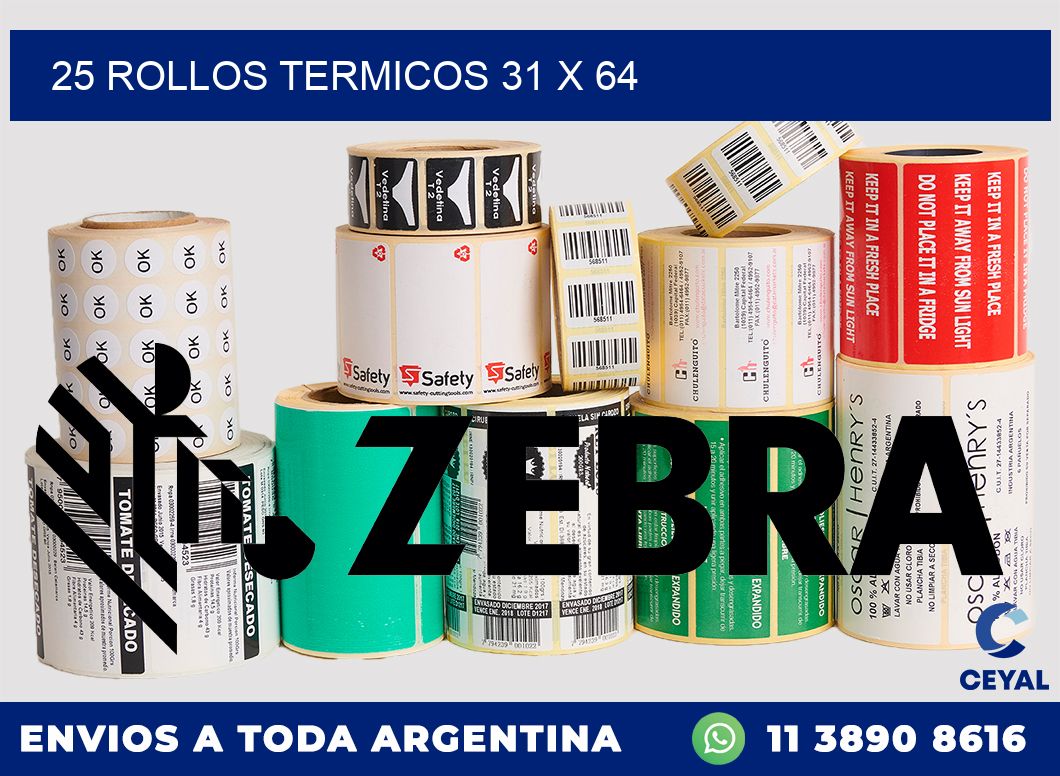 25 ROLLOS TERMICOS 31 x 64