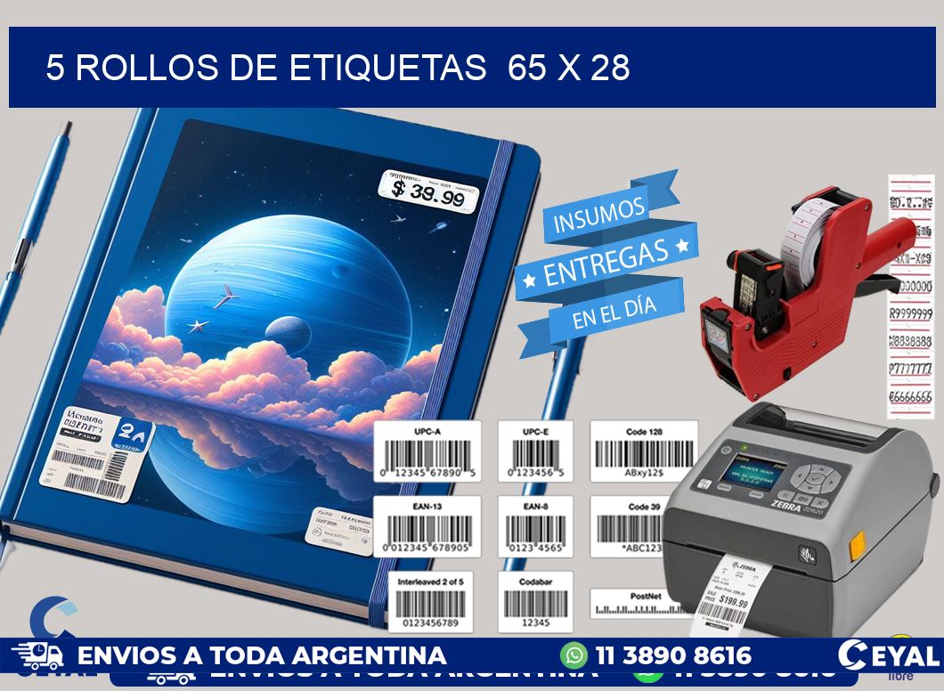 5 ROLLOS DE ETIQUETAS  65 x 28