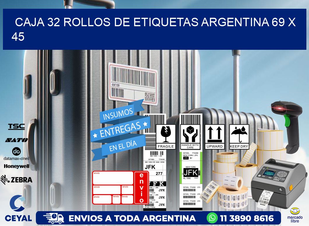 CAJA 32 ROLLOS DE ETIQUETAS ARGENTINA 69 x 45