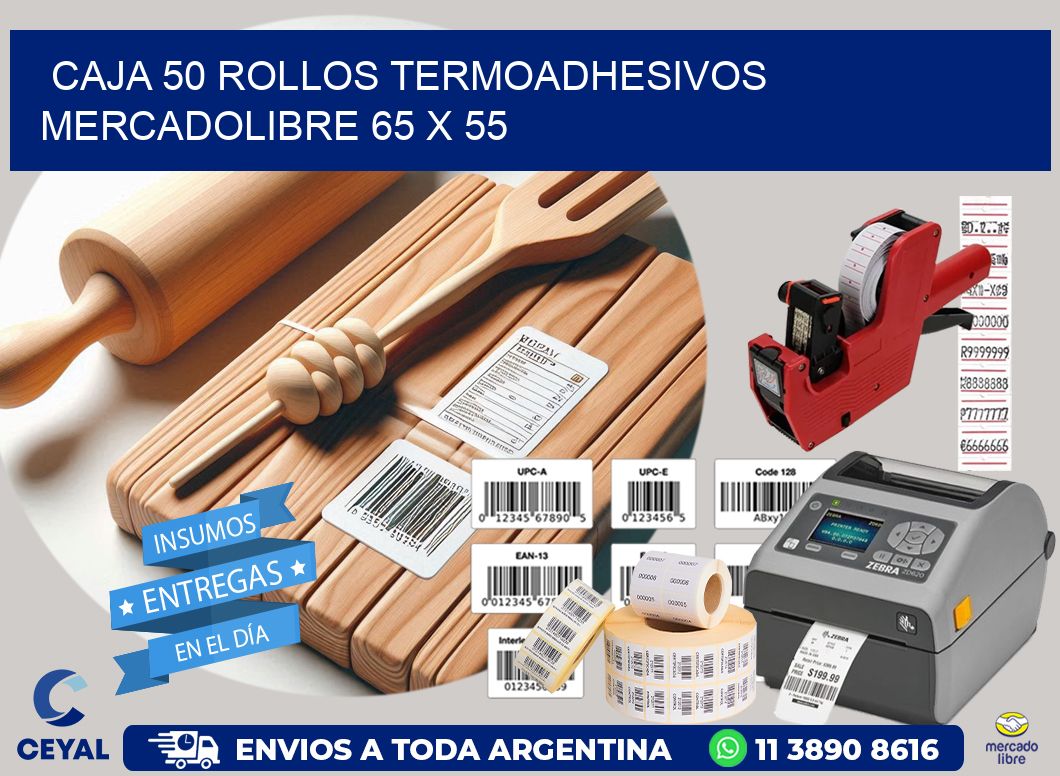 CAJA 50 ROLLOS TERMOADHESIVOS MERCADOLIBRE 65 x 55
