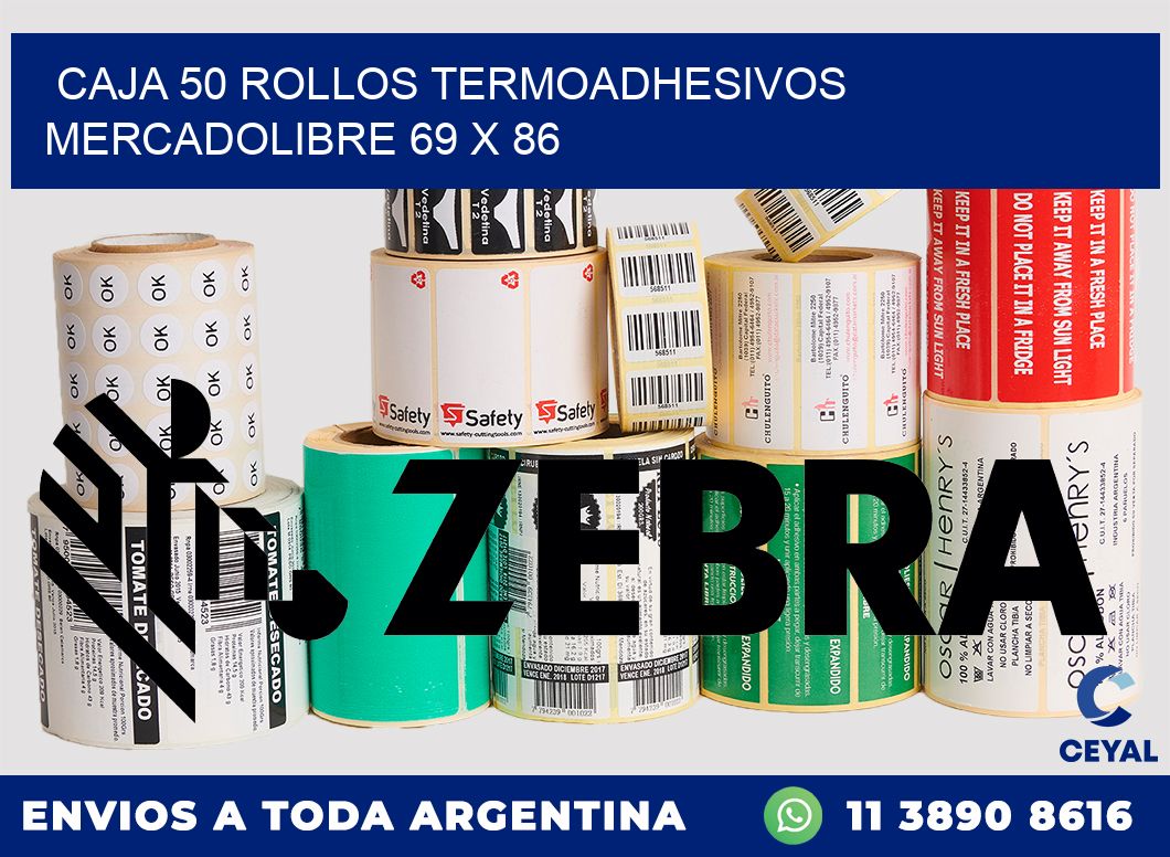 CAJA 50 ROLLOS TERMOADHESIVOS MERCADOLIBRE 69 x 86