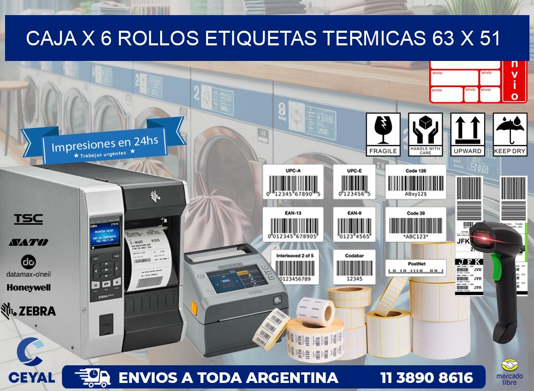 Caja X 6 Rollos Etiquetas termicas 63 x 51