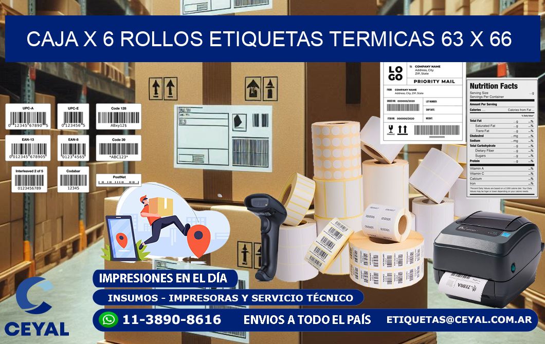 Caja X 6 Rollos Etiquetas termicas 63 x 66