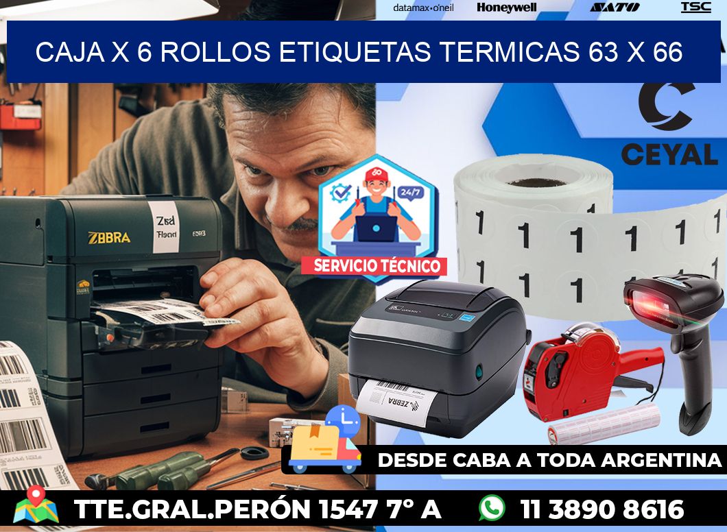 Caja X 6 Rollos Etiquetas termicas 63 x 66