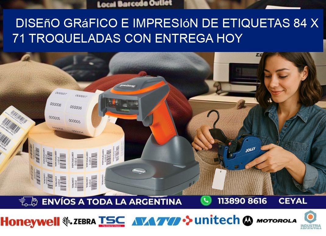 Diseño gráfico e impresión de etiquetas 84 x 71 troqueladas con entrega hoy