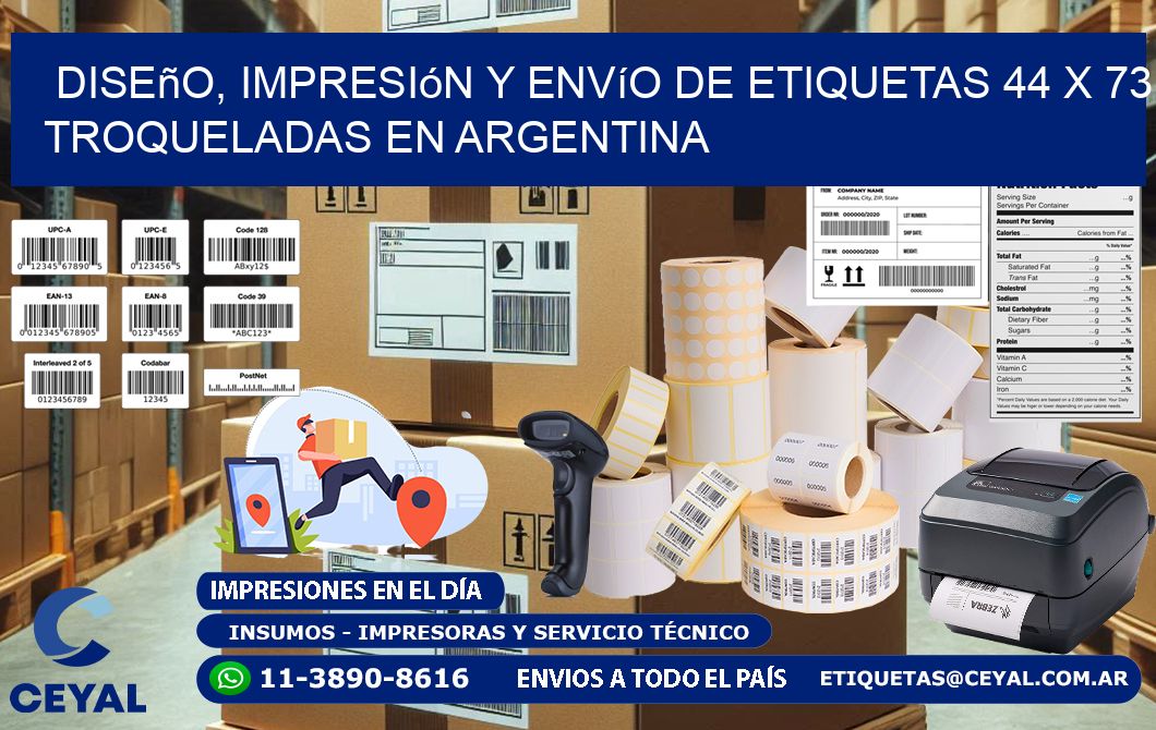 Diseño, impresión y envío de etiquetas 44 x 73 troqueladas en Argentina
