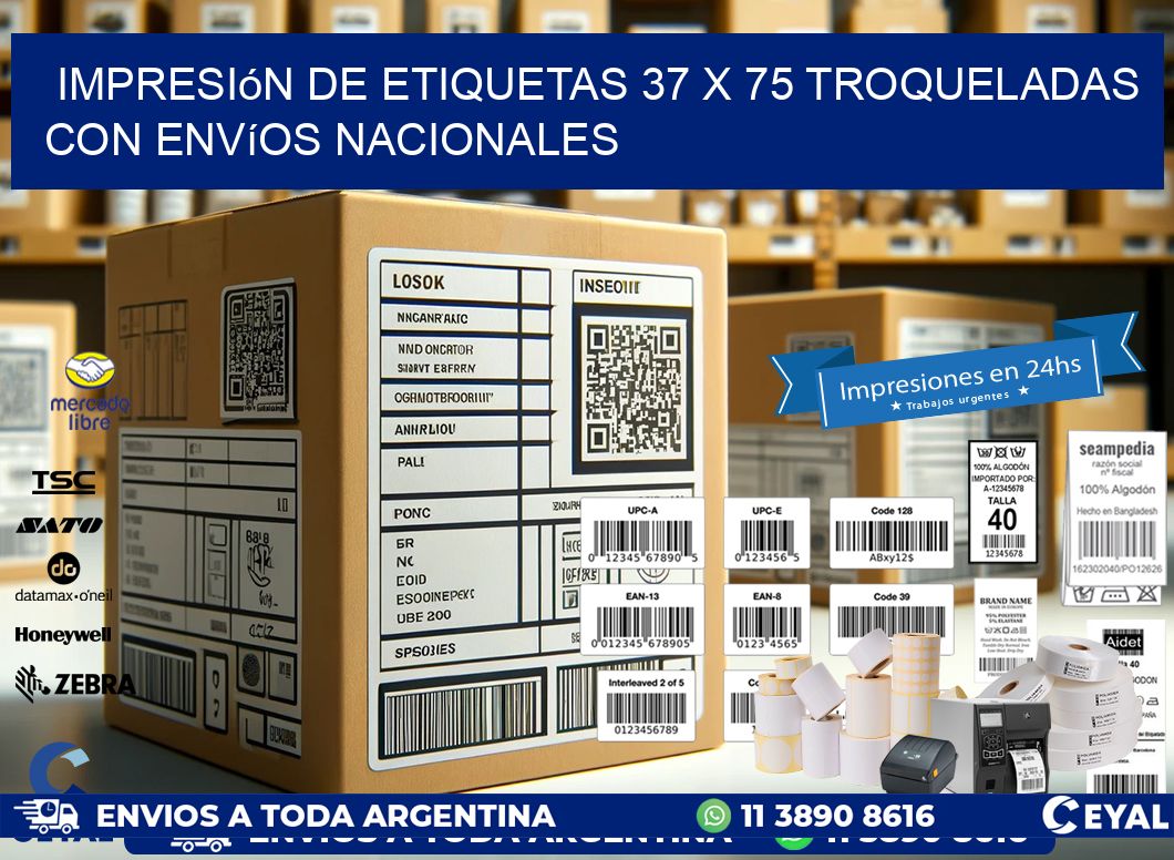 Impresión de etiquetas 37 x 75 troqueladas con envíos nacionales