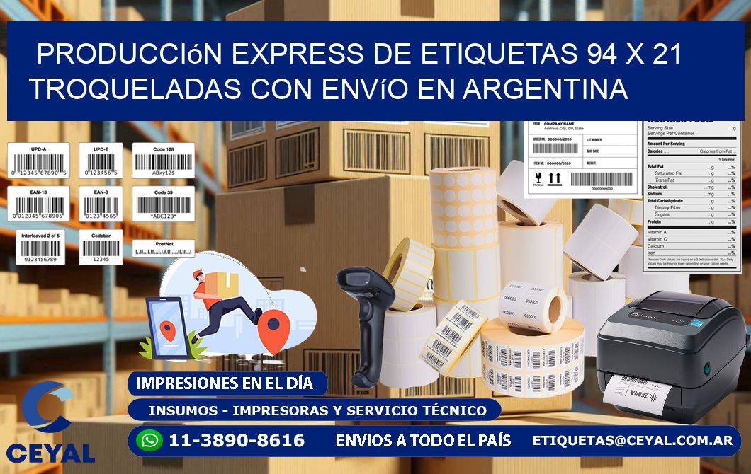 Producción express de etiquetas 94 x 21 troqueladas con envío en Argentina