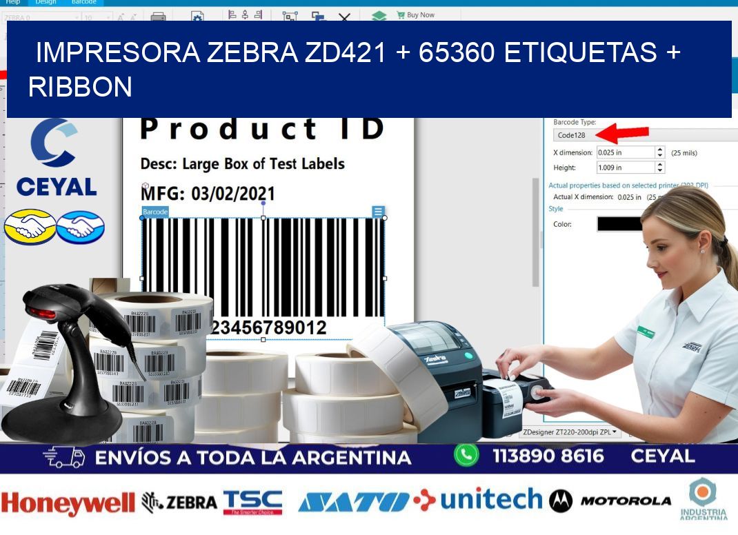impresora zebra zd421 + 65360 etiquetas + ribbon