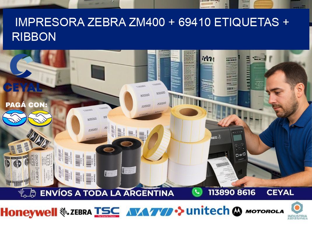 impresora zebra zm400 + 69410 etiquetas + ribbon