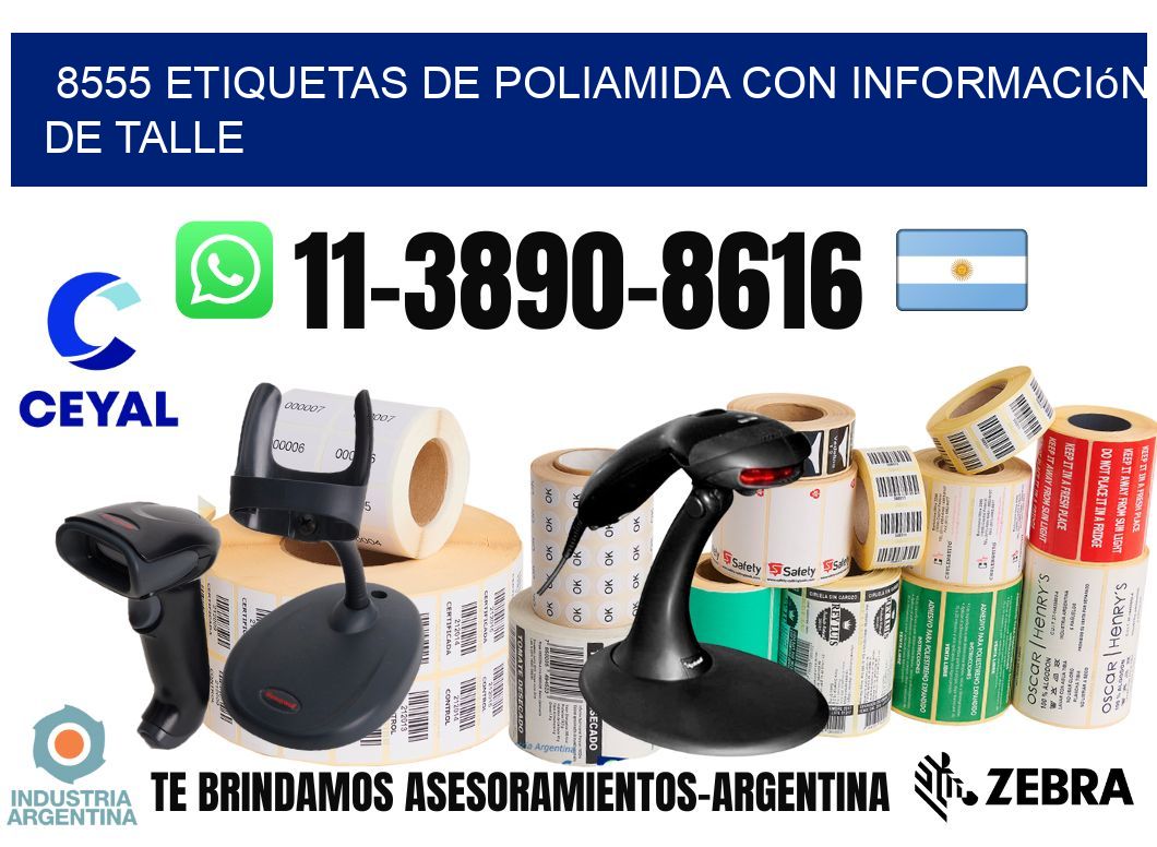8555 Etiquetas de poliamida con información de talle