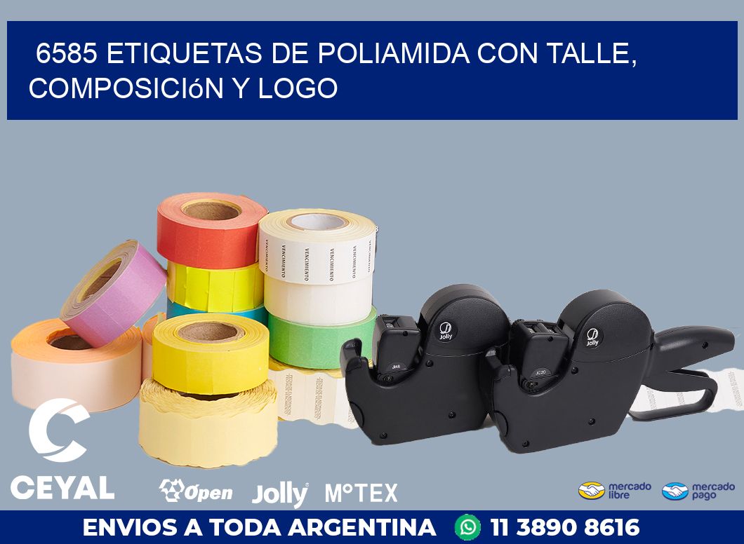 6585 Etiquetas de poliamida con talle, composición y logo