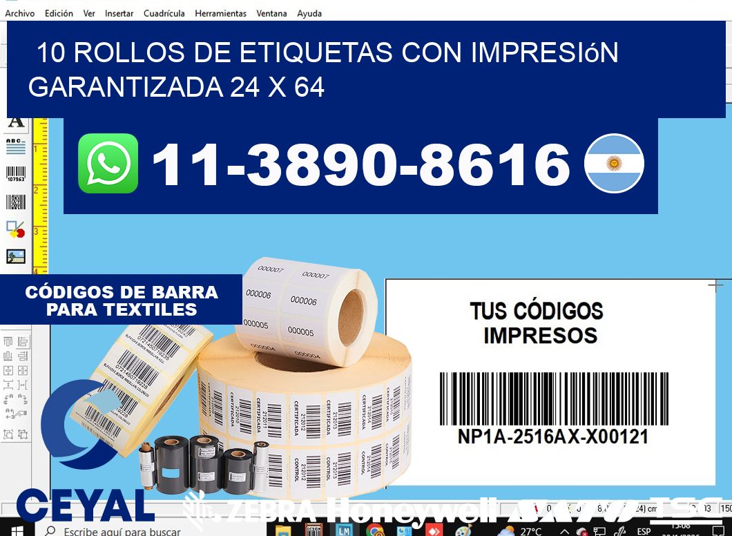 10 rollos de etiquetas con impresión garantizada 24 x 64