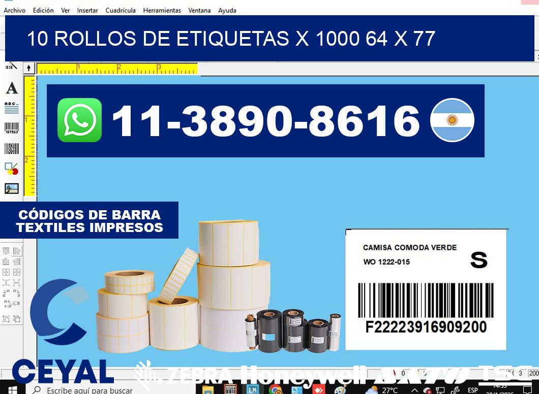 10 rollos de etiquetas x 1000 64 x 77