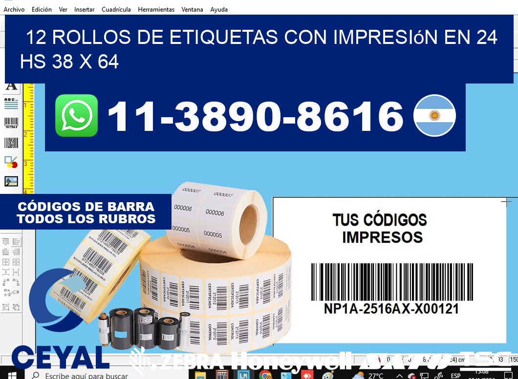 12 rollos de etiquetas con impresión en 24 hs 38 x 64