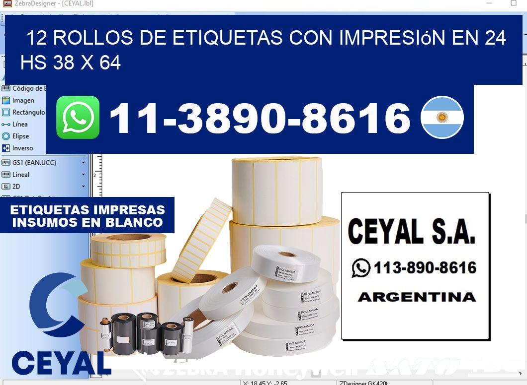 12 rollos de etiquetas con impresión en 24 hs 38 x 64
