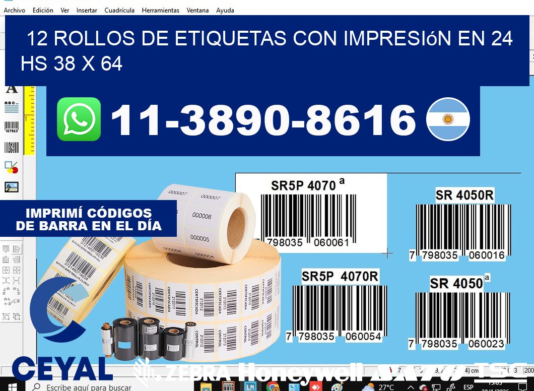 12 rollos de etiquetas con impresión en 24 hs 38 x 64