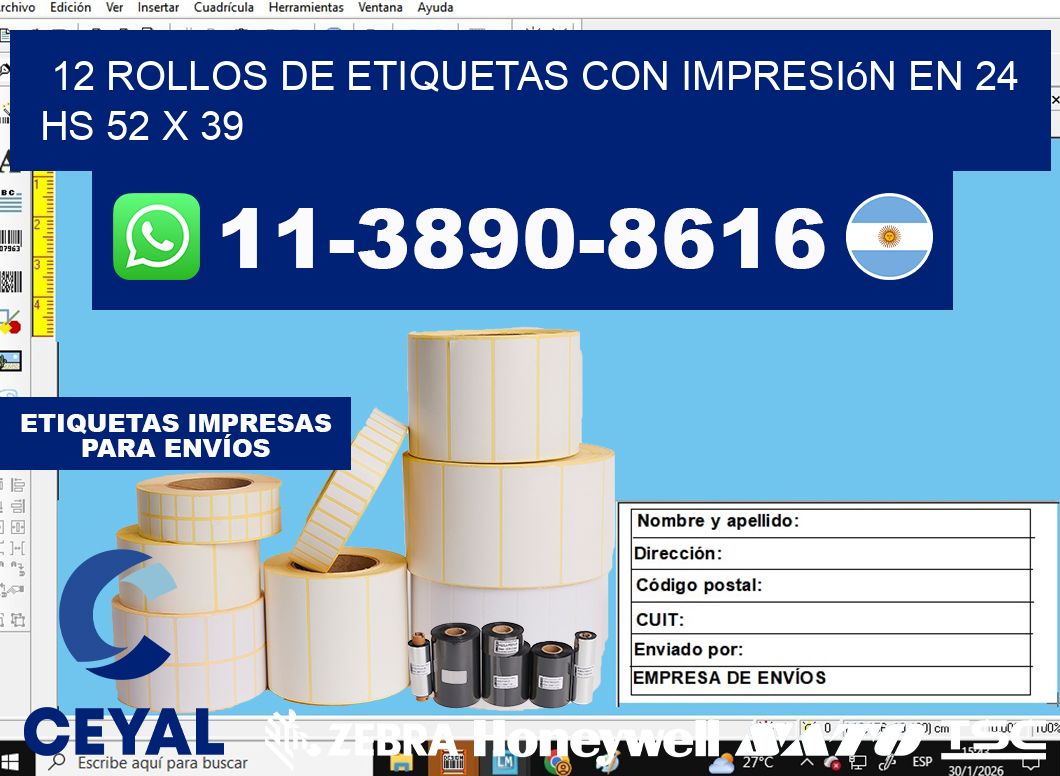 12 rollos de etiquetas con impresión en 24 hs 52 x 39