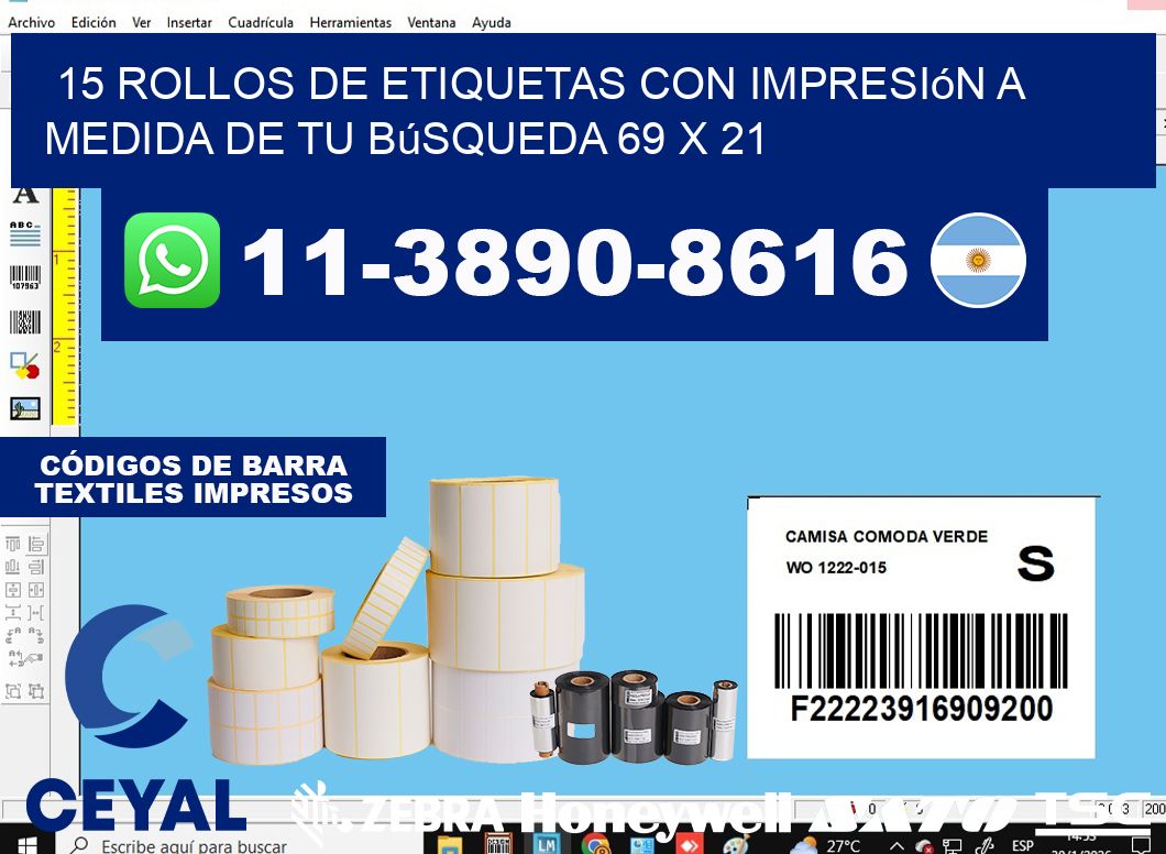 15 rollos de etiquetas con impresión a medida de tu búsqueda 69 x 21