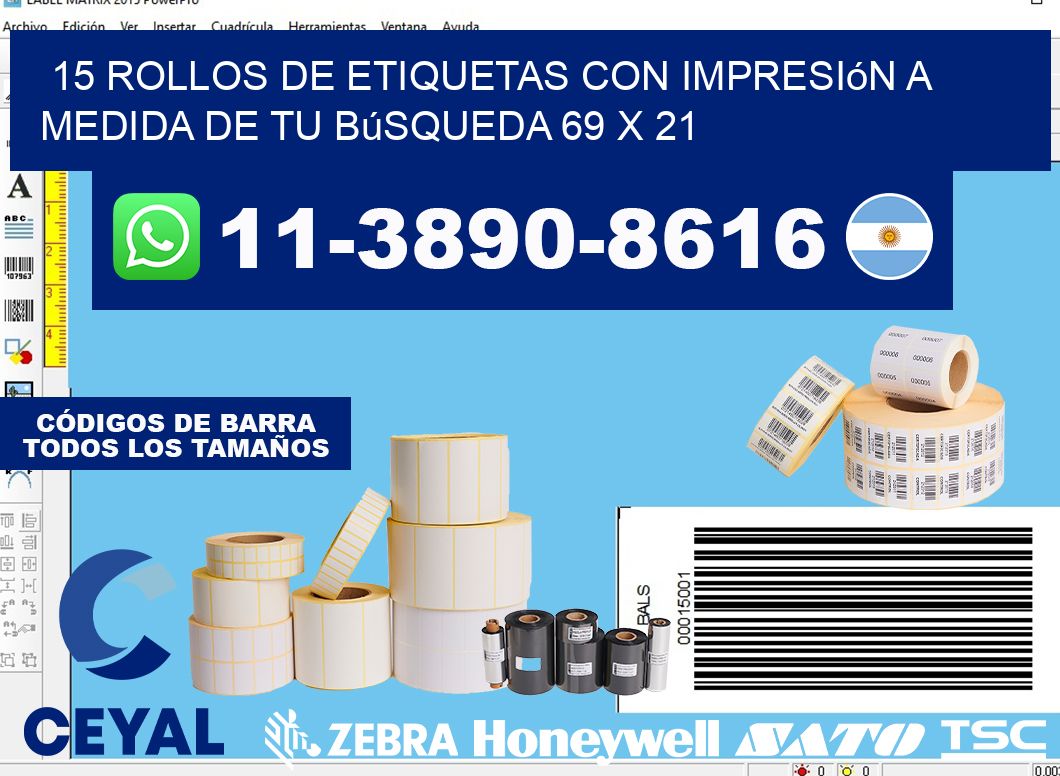 15 rollos de etiquetas con impresión a medida de tu búsqueda 69 x 21