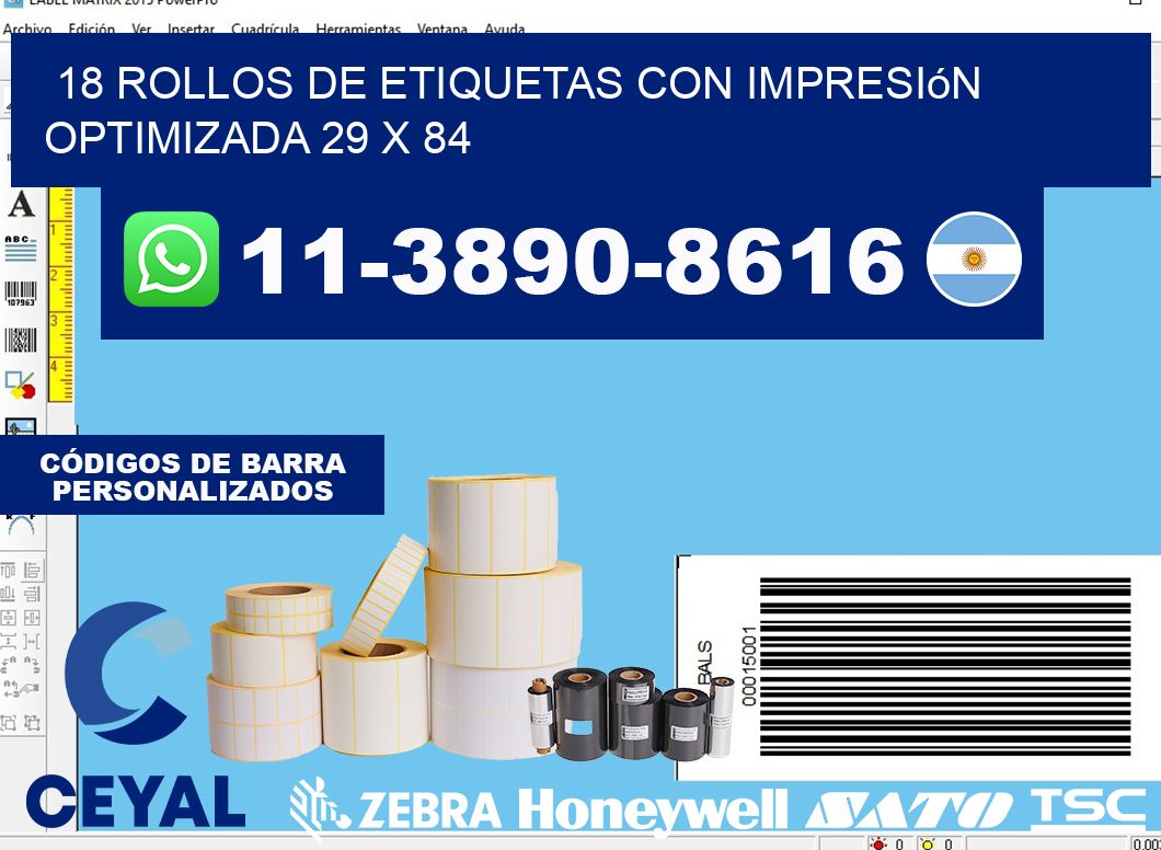 18 rollos de etiquetas con impresión optimizada 29 x 84