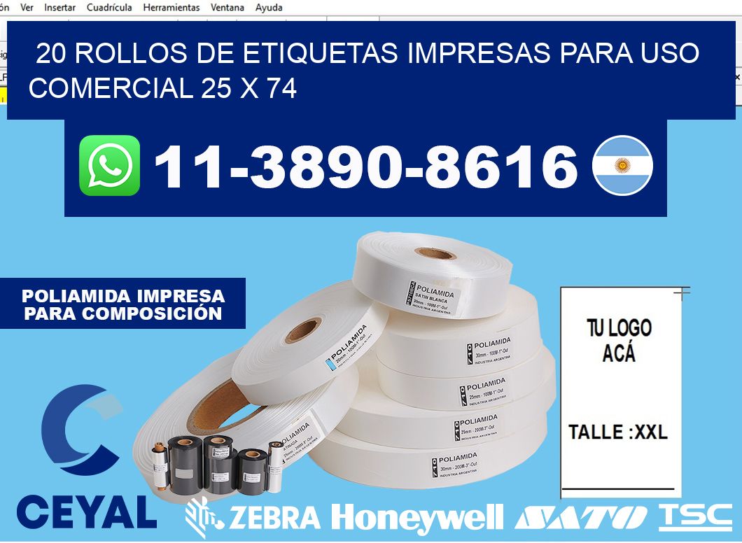 20 rollos de etiquetas impresas para uso comercial 25 x 74