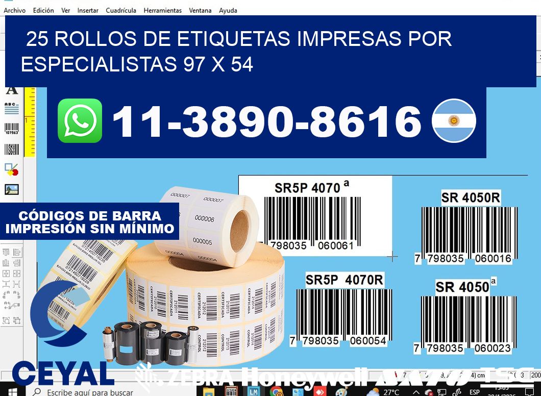 25 rollos de etiquetas impresas por especialistas 97 x 54