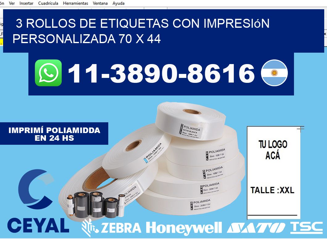 3 rollos de etiquetas con impresión personalizada 70 x 44