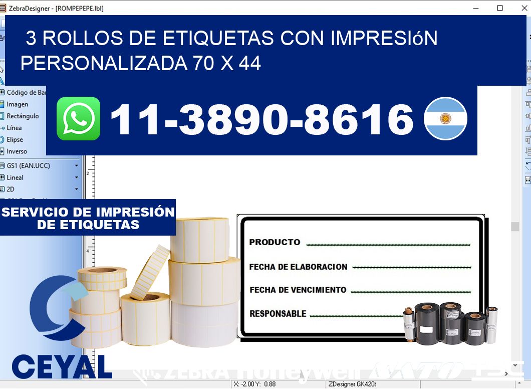 3 rollos de etiquetas con impresión personalizada 70 x 44