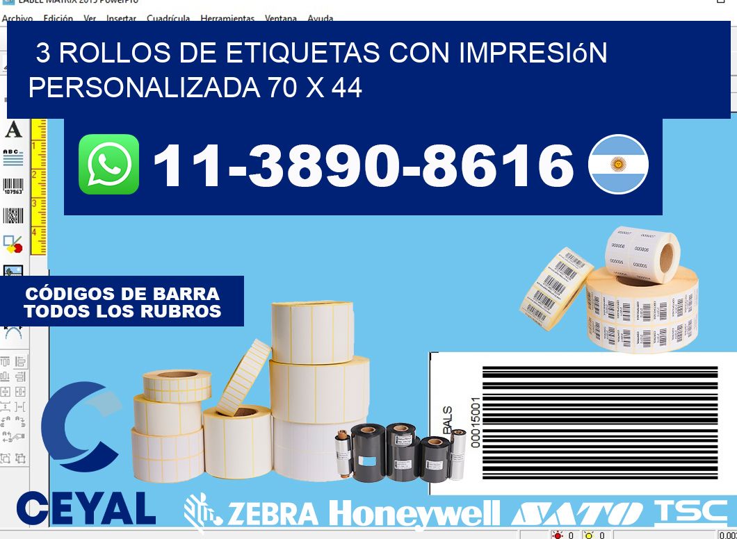 3 rollos de etiquetas con impresión personalizada 70 x 44