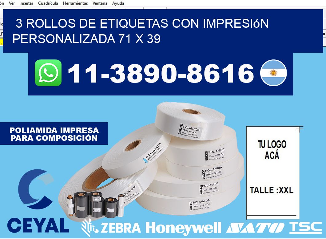 3 rollos de etiquetas con impresión personalizada 71 x 39