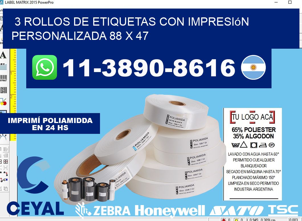 3 rollos de etiquetas con impresión personalizada 88 x 47